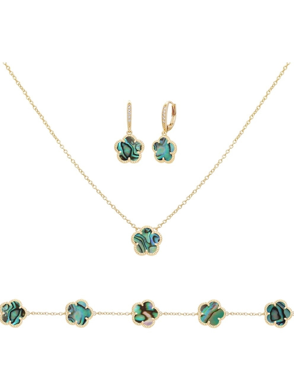 Gold Plated Abalone Clover Jewelry Set - Necklace, Bracelet & Earrings